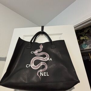 Vegan Leather Black Tote Bag with Pink Snake Design